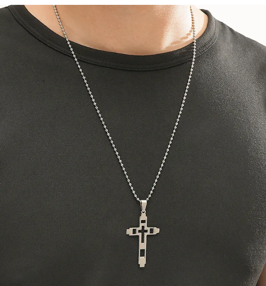 UNISEX TITANIUM STEEL SILVER CROSS PENDANT NECKLACE