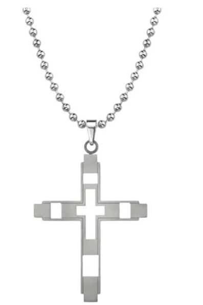 UNISEX TITANIUM STEEL SILVER CROSS PENDANT NECKLACE