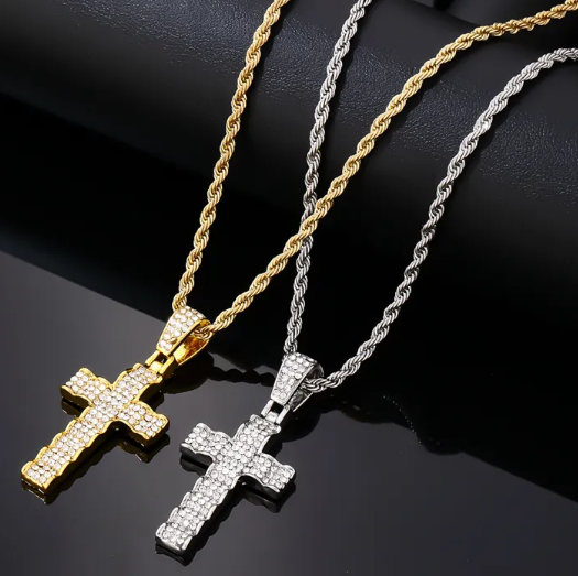 MENS STAINLESS STEEL SILVER AND GOLD CROSS PENDANT NECKLACE