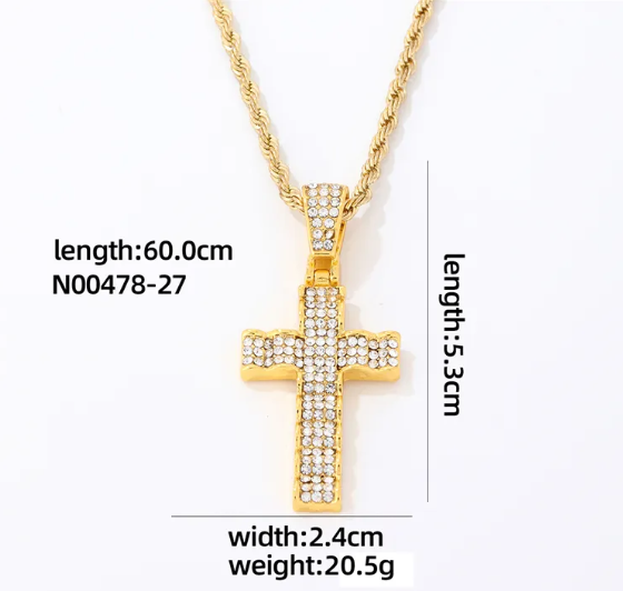 MENS STAINLESS STEEL SILVER AND GOLD CROSS PENDANT NECKLACE