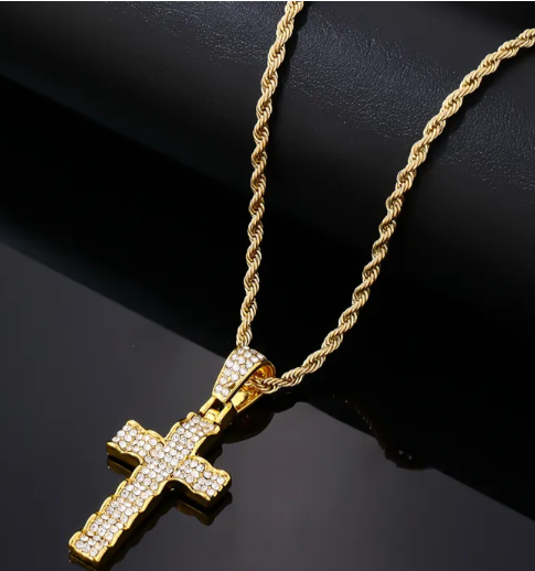 MENS STAINLESS STEEL SILVER AND GOLD CROSS PENDANT NECKLACE