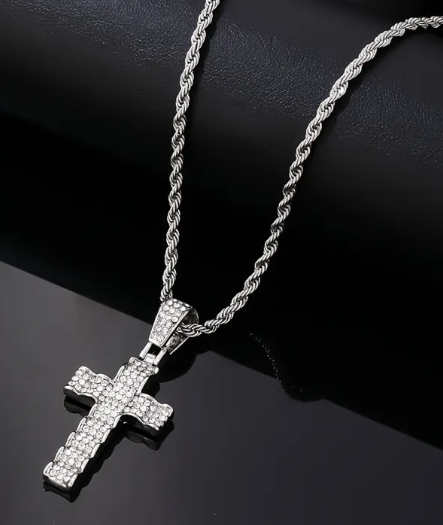 MENS STAINLESS STEEL SILVER AND GOLD CROSS PENDANT NECKLACE